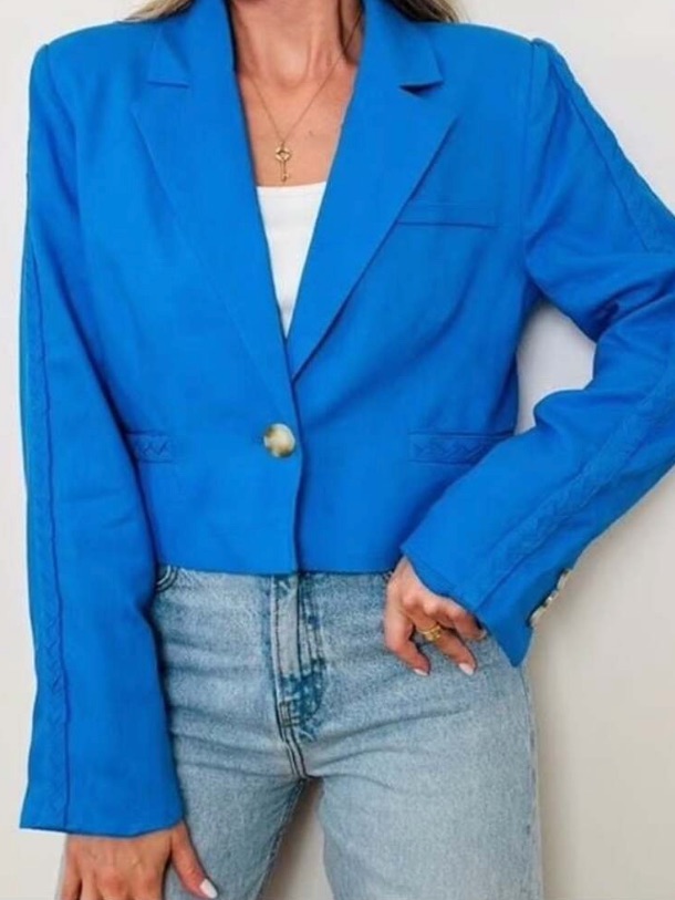 Jason Wu Vibrant Blue Linen Cropped Blazer With Brass Buttons